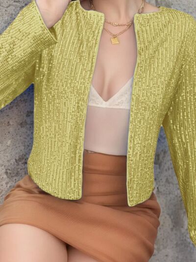 Elegant Women Full-Size Sequin Open Front Cropped Jacket With Glamorous Sparkle Luxury Women Party Jacket
