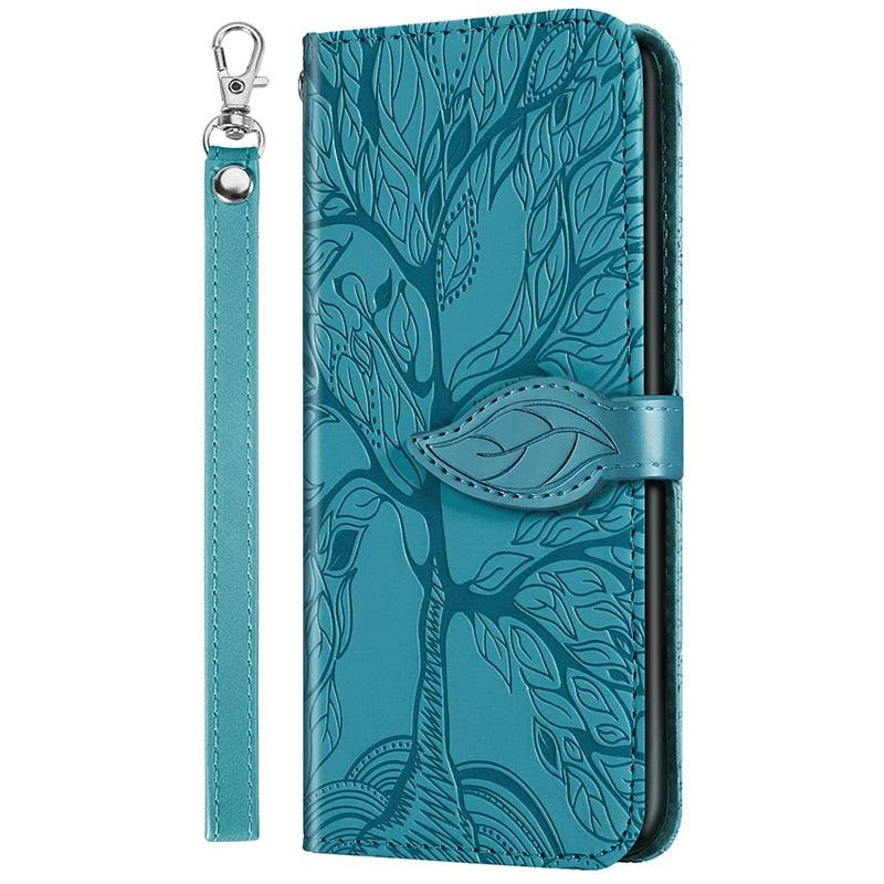 3D Tree Flip Leather Case For iPhone 13 12 Mini Phone Cover PU Leather Wallet Case with Card Holder Kickstand Wrist Strap Flip Cover for iPhone