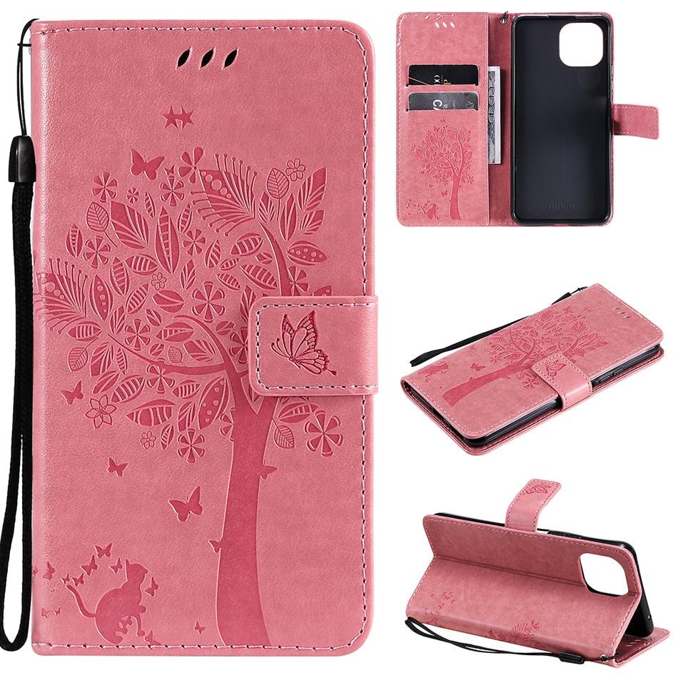 3D Tree Flip Leather Case For iPhone 13 12 Mini Phone Cover PU Leather Wallet Case with Card Holder Kickstand Wrist Strap Flip Cover for iPhone