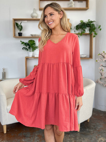 Light Green Double Take Full Size V-Neck Sleeve Tiered Dress with Pockets Elegant & Comfortable Casual Dress