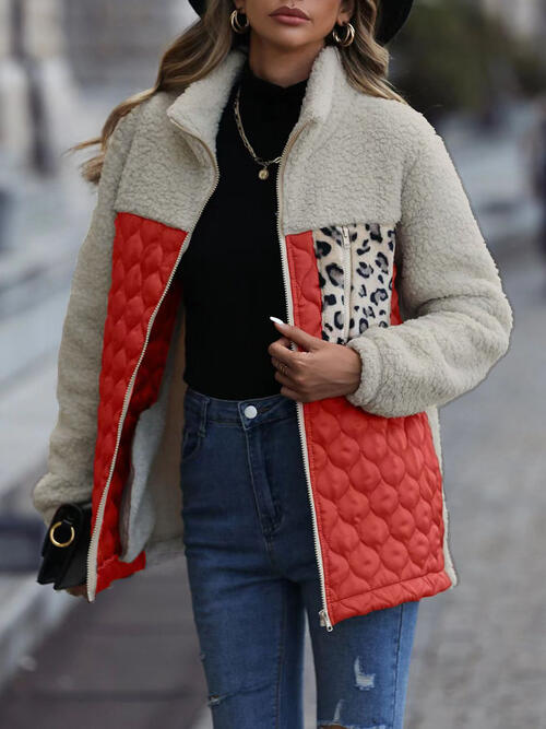 Unique Autumn Leopard Color Block Zip-Up Jacket Trendy Lightweight Jacket with Pockets Charming Winter Jacket