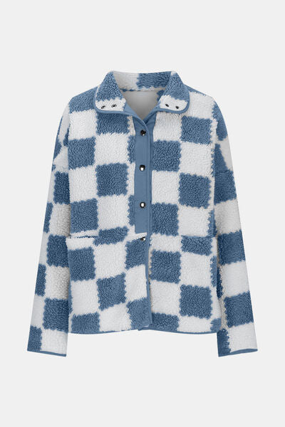 Elegant Checkered Snap Down Long Sleeve Teddy Jacket Soft & Warm Colorful Jacket