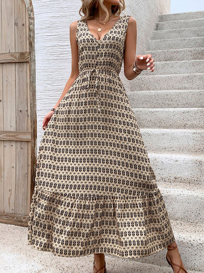 Vintage Printed V-Neck Tie Waist Midi Dress Lightweight Trendy & Elegant Dress for Women