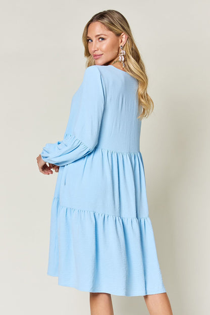 Light Green Double Take Full Size V-Neck Sleeve Tiered Dress with Pockets Elegant & Comfortable Casual Dress