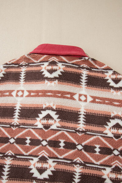 Retro Unique Geometric Print Corduroy Trim Button-Up Jacket Classic Modern Deep Rose Jacket