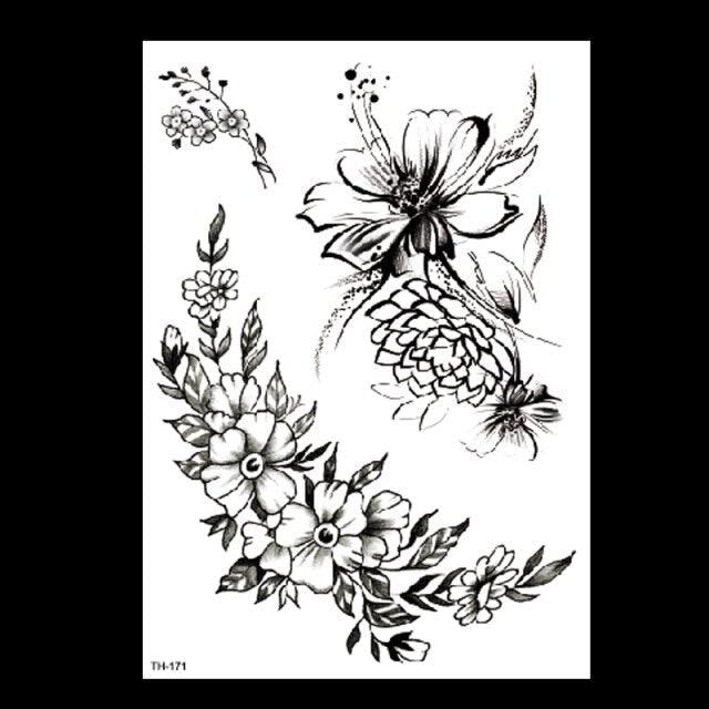 49 Sheets Waterproof Temporary Black Sketches Flowers Tattoo Stickers Flower Rose Tattoos For Women Adults