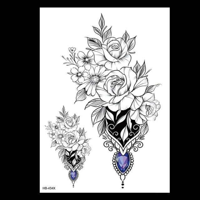 49 Sheets Waterproof Temporary Black Sketches Flowers Tattoo Stickers Flower Rose Tattoos For Women Adults