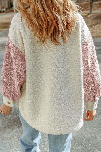 Women Cute Sherpa Jacket with Button Closure and Collared Neck in Elegant Retro Style
