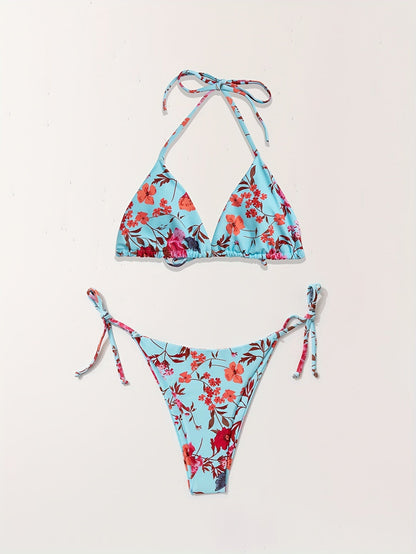 Bikini European Style Floral Print 3 Piece Swimsuit Set for Women – Sexy V Neck Bikini with Cross Strap Detail and Matching Long Sleeve Cover-Up – High Stretch Trendy Swimwear for Summer Beach Vacations Resort Looks and Poolside Fashion