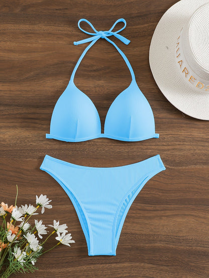 Bikini Rib Knit Solid Color Triangle 2 Piece Swimsuit for Women – Adjustable Tie Back Halter Bikini Set with Spaghetti Straps – High Stretch Polyester Swimwear for Summer Beachwear Poolside Relaxation and Tropical Vacation