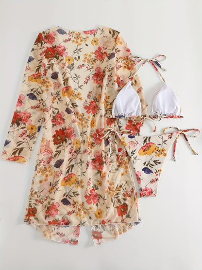 Bikini European Style Floral Print 3 Piece Swimsuit Set for Women – Sexy V Neck Bikini with Cross Strap Detail and Matching Long Sleeve Cover-Up – High Stretch Trendy Swimwear for Summer Beach Vacations Resort Looks and Poolside Fashion
