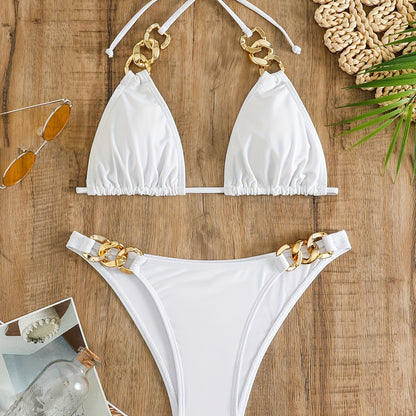 Luxe Chain Link Triangle Halter Bikini Set – Chic V Neck 2 Piece Swimsuit with Lace-Up Tie Back High Stretch Nylon Blend and Sleek Solid Color Finish – Women's Elegant Swimwear for Summer Beach & Pool Style
