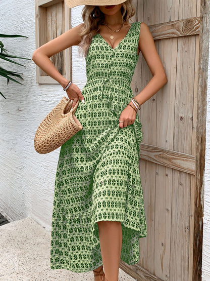 Vintage Printed V-Neck Tie Waist Midi Dress Lightweight Trendy & Elegant Dress for Women