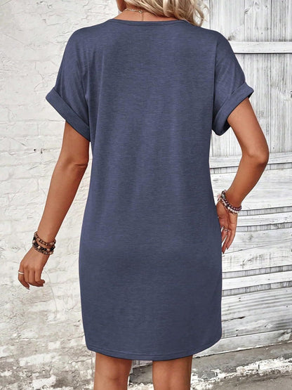 Elegant Button V-Neck Short Sleeve Dress Flattering Casual & Office Wear Simple Dress