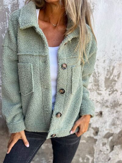 Comfortable Modern Women Full Size Fuzzy Button-Up Jacket with Drop Shoulder and Pockets