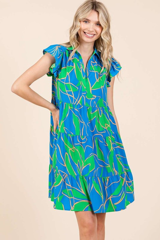 New Summer Leaf Print Ruffle Sleeve Tiered Mini Dress – Fluttering, Fresh and Playful Leaf Pattern with Feminine Ruffle Sleeves