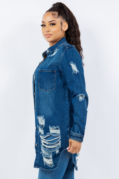American Dark Blue Bazi Distressed Button Up Long Sleeve Jacket Trendy Buttoned Jacket with Distressed Finish for Women
