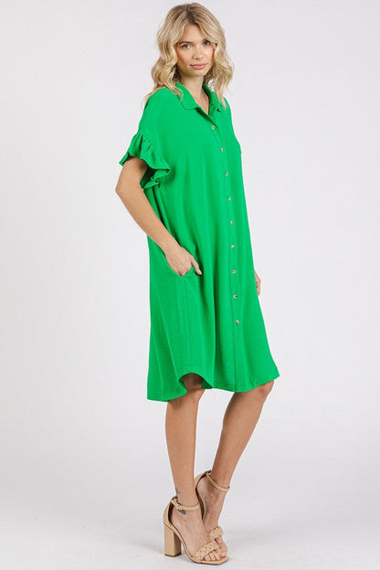 Button Down Flounce Sleeve Dress with Pockets – Casual, Comfortable, Feminine and Functional Dress with Button Front and Flounce Sleeves