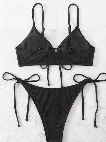 Bikini Solid Rib Knit 2 Piece Swimsuit – Ring Link Tie Front Triangle Bikini Set for Women – Hollow Out High Stretch V-Neck Top with Tie Side Bottoms – Trendy Beach & Pool Swimwear for Summer