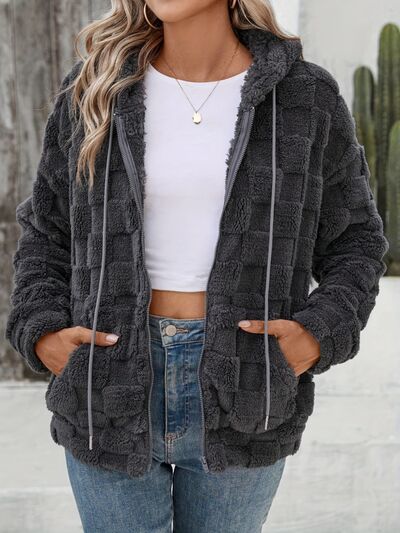 Dark Gray Women Checkered Pattern Jacket Comfy Textured Zip-Up Drawstring Fuzzy Jacket