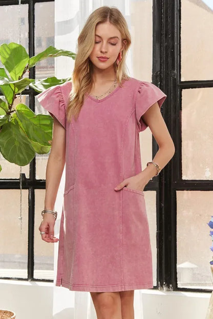 Mineral Washed V-Neck Ruffled Cap Sleeve Dress – Trendy, Comfortable, Playful, Unique Wash For Any Occasion