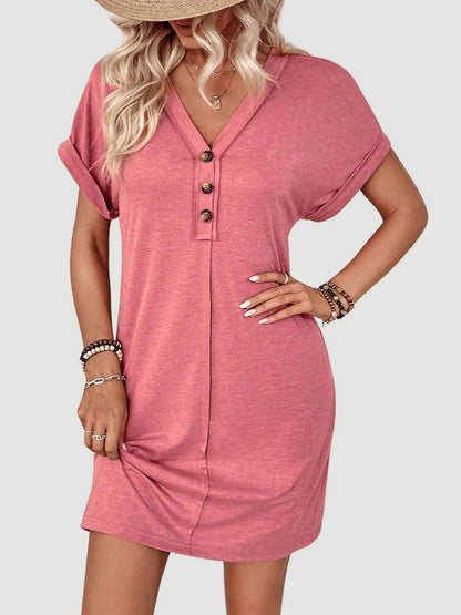 Elegant Button V-Neck Short Sleeve Dress Flattering Casual & Office Wear Simple Dress