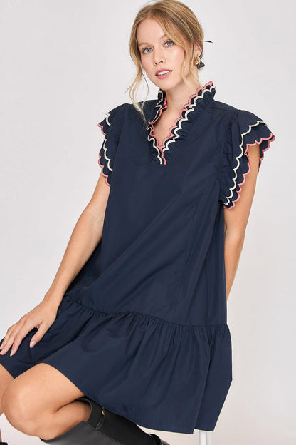 Classic Full Size Ruffled Sleeve Plus Size Dress Elegant & Feminine Chic Dress Dark Navy Women Dress