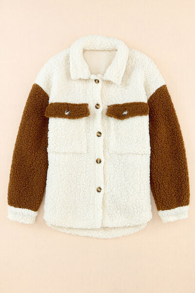 Women Cute Sherpa Jacket with Button Closure and Collared Neck in Elegant Retro Style