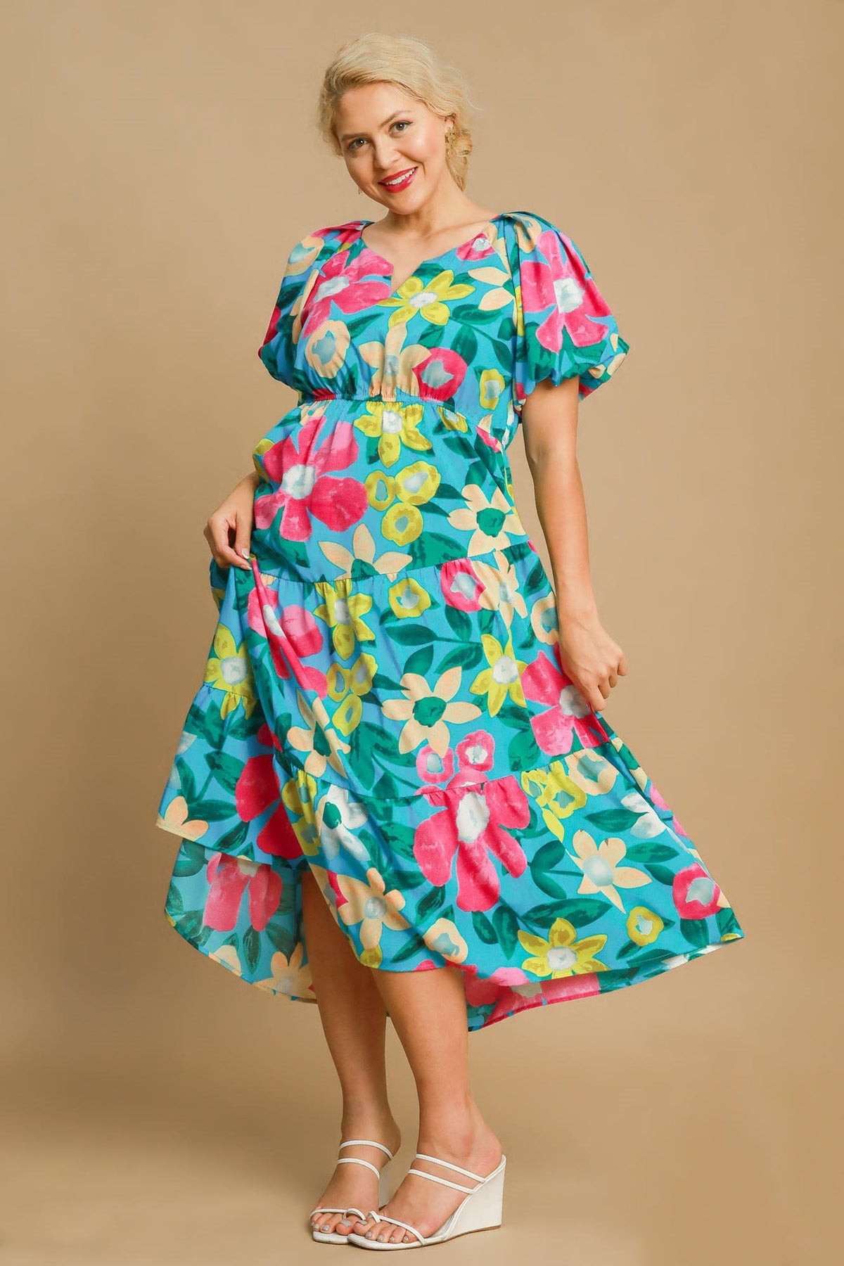 Beautiful Full Size Floral Print Puff Sleeve Midi Dress Plus Size Trendy & Chic Dress Modern Design