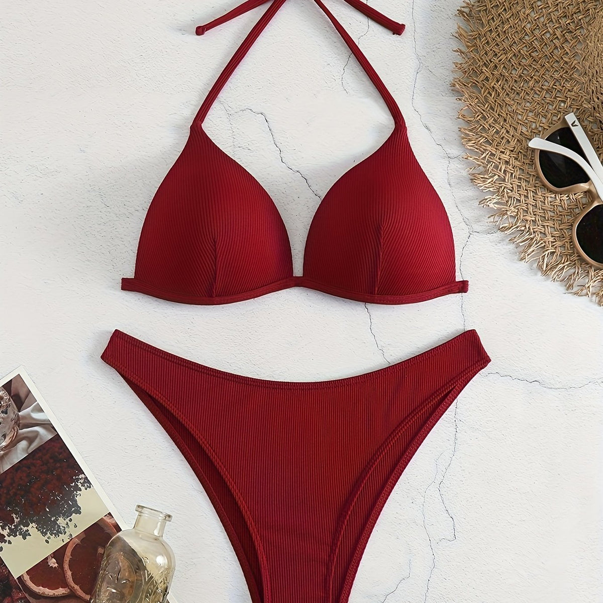 Bikini Rib Knit Solid Color Triangle 2 Piece Swimsuit for Women – Adjustable Tie Back Halter Bikini Set with Spaghetti Straps – High Stretch Polyester Swimwear for Summer Beachwear Poolside Relaxation and Tropical Vacation