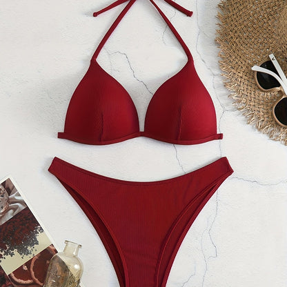Bikini Rib Knit Solid Color Triangle 2 Piece Swimsuit for Women – Adjustable Tie Back Halter Bikini Set with Spaghetti Straps – High Stretch Polyester Swimwear for Summer Beachwear Poolside Relaxation and Tropical Vacation