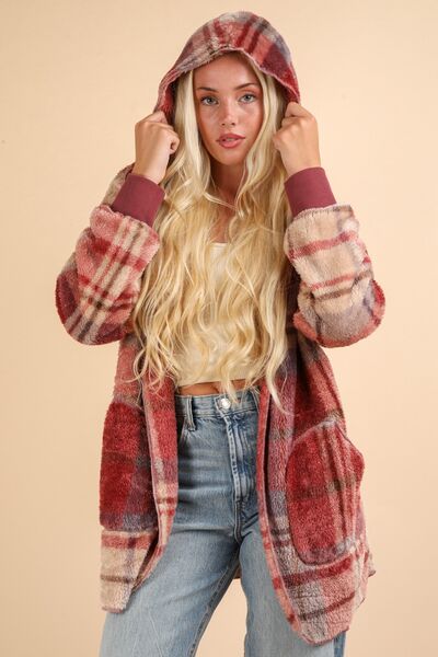 Colorful Fuzzy Plaid Long Sleeve Hooded Jacket Warm & Trendy Outerwear for Cold Days