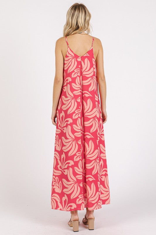 New Summer Printed V-Neck Maxi Cami Dress with Pockets – Chic and Functional Flattering Dress with Ruched Details