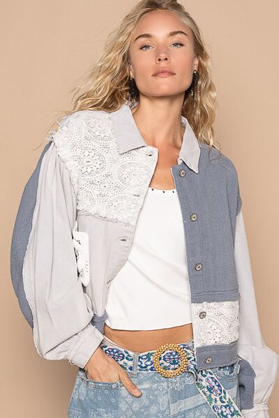 Classic Artistic Crochet Patch Exposed Seam Button Up Jacket Chic & Edgy Outerwear