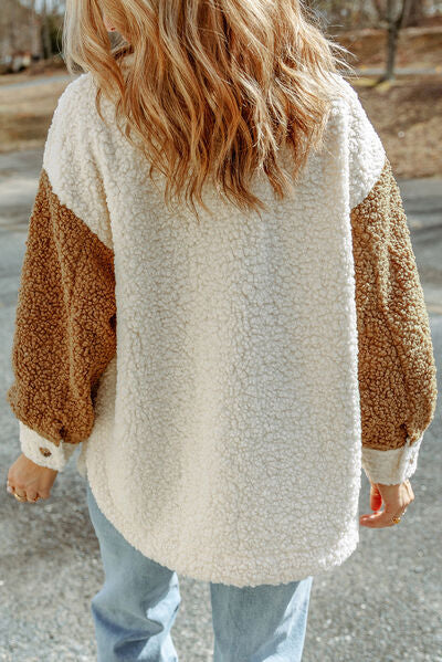 Women Cute Sherpa Jacket with Button Closure and Collared Neck in Elegant Retro Style