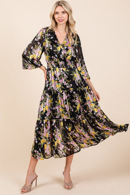 Flower Print Satin Lurex Stripe Smocked Midi Dress For Summer – Elegant and Sparkling Floral Dress with Tiered Design