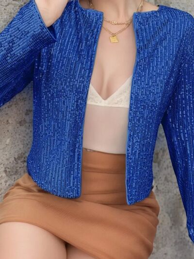 Elegant Women Full-Size Sequin Open Front Cropped Jacket With Glamorous Sparkle Luxury Women Party Jacket