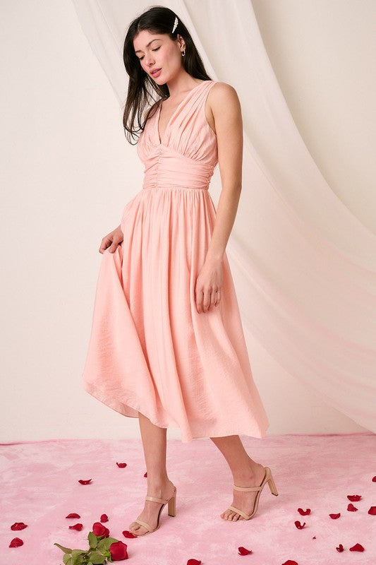 Ruched V-Neck Sleeveless Midi Dress For Women – Elegant and Chic Dress with Flattering Ruched Detailing and Sophisticated V-Neck