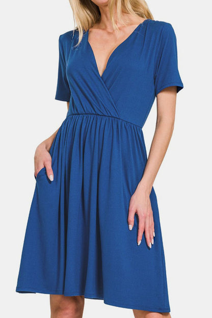 Surplice Short Sleeve Brushed DTY Dress – Elegant, Stylish Surplice Neckline, Soft Brushed Fabric, Comfortable All-Day Wear