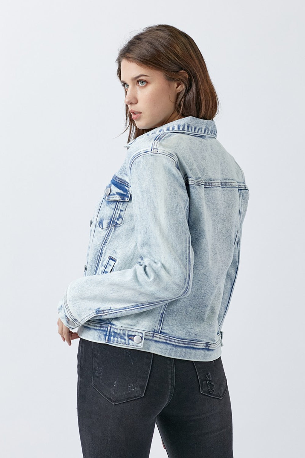 Button Up Washed Jacket Blue Classic Buttoned Jacket With Pocket Detail For Women