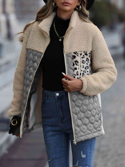 Unique Autumn Leopard Color Block Zip-Up Jacket Trendy Lightweight Jacket with Pockets Charming Winter Jacket