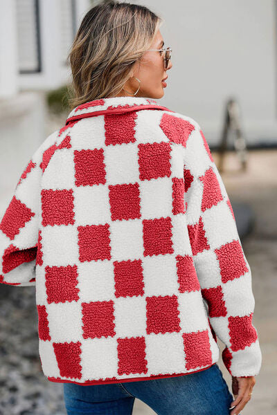 Elegant Checkered Snap Down Long Sleeve Teddy Jacket Soft & Warm Colorful Jacket