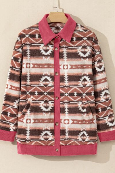 Retro Unique Geometric Print Corduroy Trim Button-Up Jacket Classic Modern Deep Rose Jacket