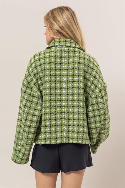 Cute Green Tweed Plaid Button Up Collared Neck Jacket Classic & Elegant Layering Piece Everyday Jacket
