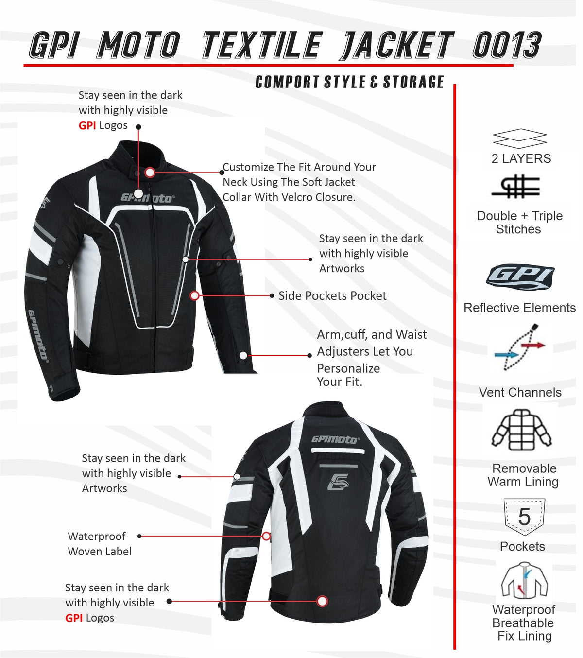 Men's All Season High Premium Quality 4 Pockets Waterproof Motorcycle Jacket – Black/White-