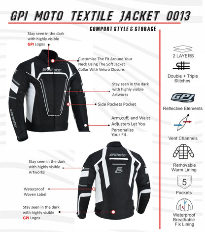 Men's All Season High Premium Quality 4 Pockets Waterproof Motorcycle Jacket – Black/White-