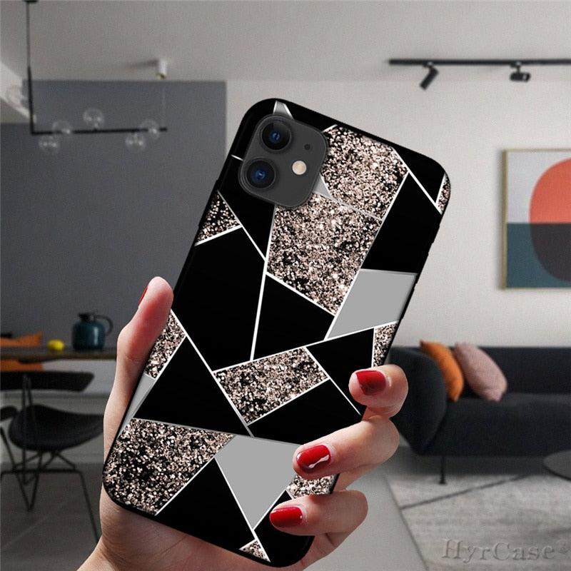 Unique Abstract Ultra Thin Sparkle Soft Silicone Case For iPhone XS Max 8 7 Plus X XR 6 6S 5S Mini Black Phone Case Marble Geometric Art Soft Silicone Cover