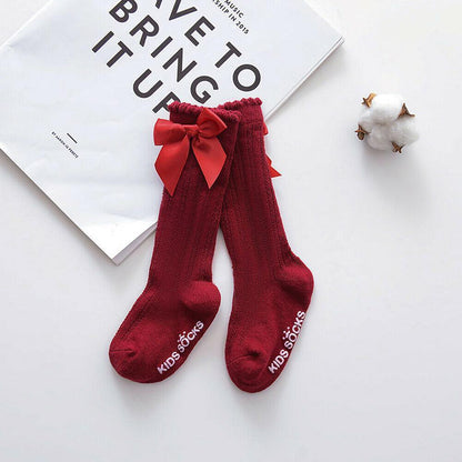 Baby Girls Big Bow 100% Cotton Knee High Long Soft Cotton Lace Baby Socks Bowknot Socks