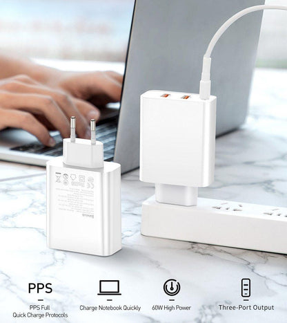 3 Ports USB Fast Charger 60W Support Quick Charge  Type-C PD Charger QC 4.0 3.0 Phone Charger