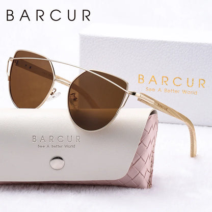 BARCUR Luxury High-Quality UV400 Women’s Polarized Sunglasses Cat Eye Bamboo Foot Frame Mirrored Lenses Presented in a White Gift Box for Summer